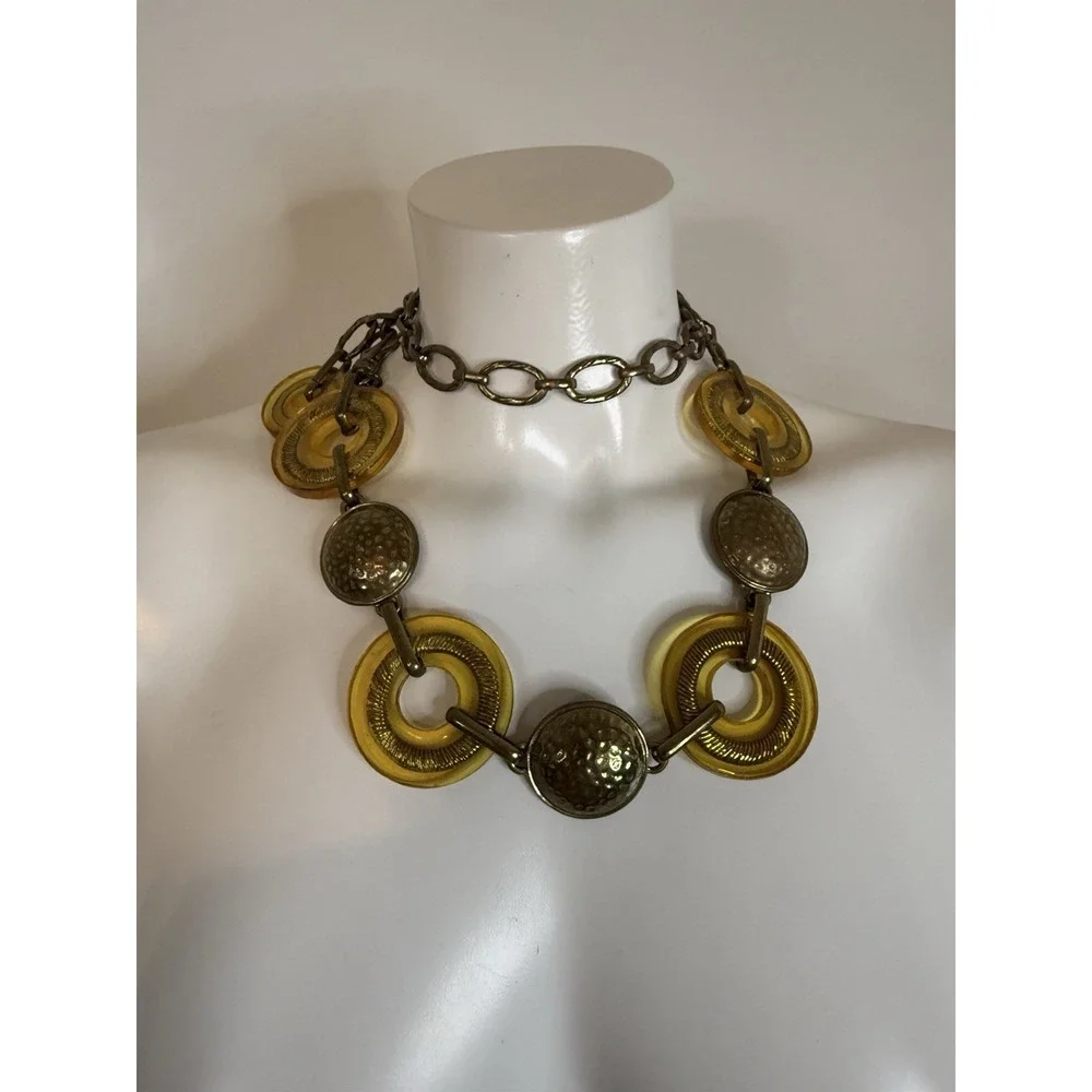 Chicos Metal Yellow Lucite Bronze Medallion‎ Chain Adjustable Belt Necklace 34